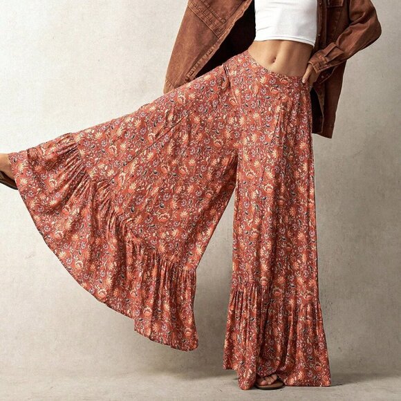 Multicolor Boho Women's Vacation Floral Print Wide Leg Loose Pants - Picture 4 of 8